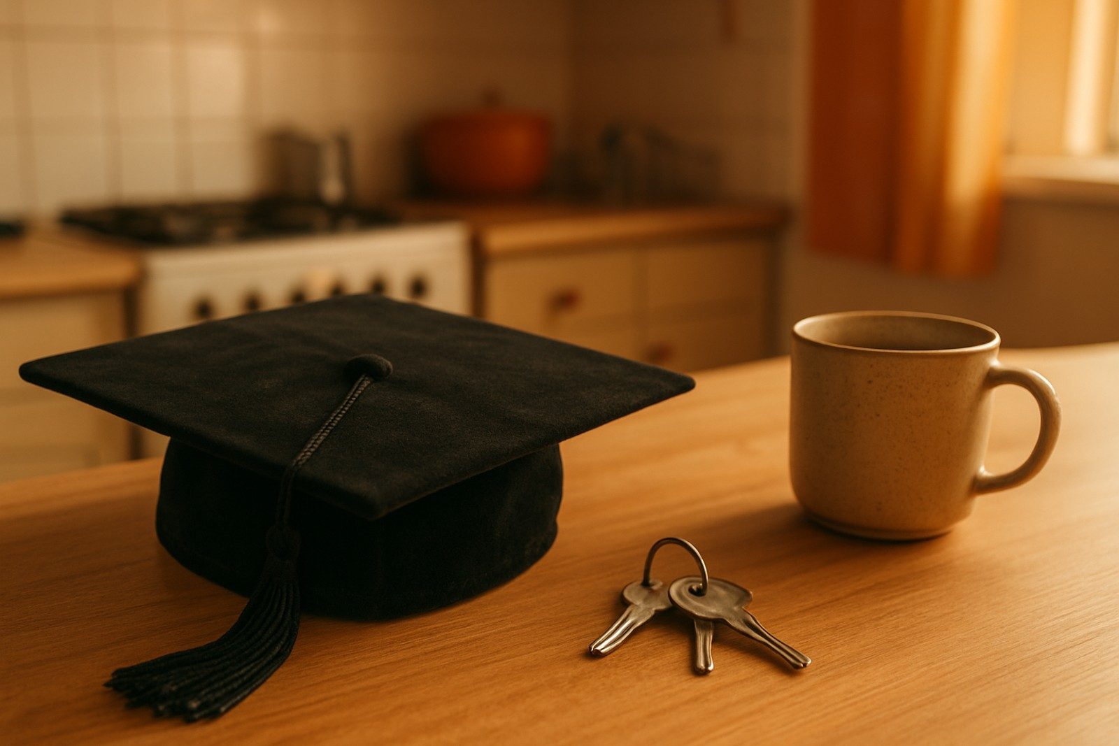 Capelo de formatura preto sobre o balcão de uma cozinha, ao lado de um molho de chaves e uma caneca de café