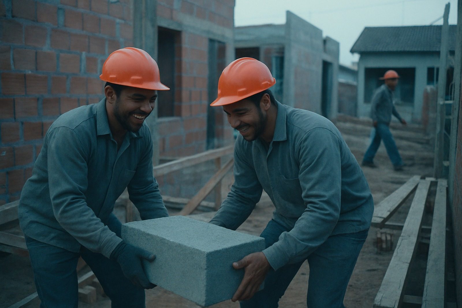 Dois pedreiros com capacetes laranja erguem um bloco de concreto em uma obra de casas populares, em uma manhã de luz fria