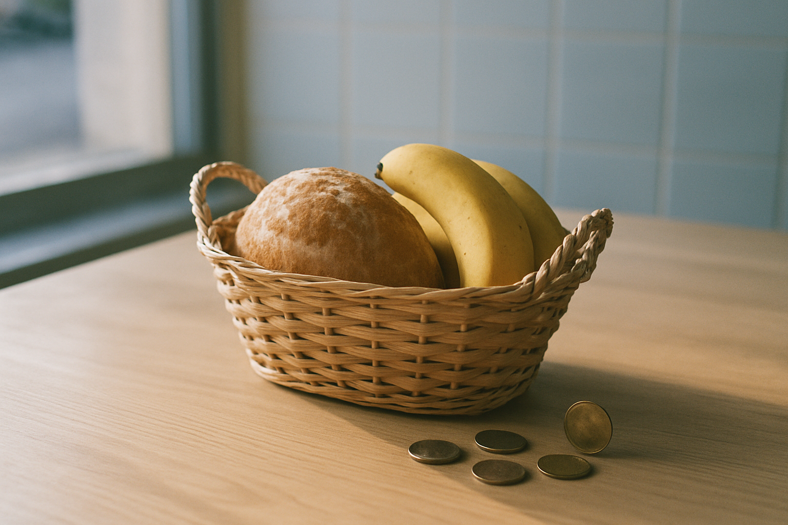 Cesta de vime com pão e bananas sobre um balcão de madeira, com algumas moedas ao lado, sob luz da manhã