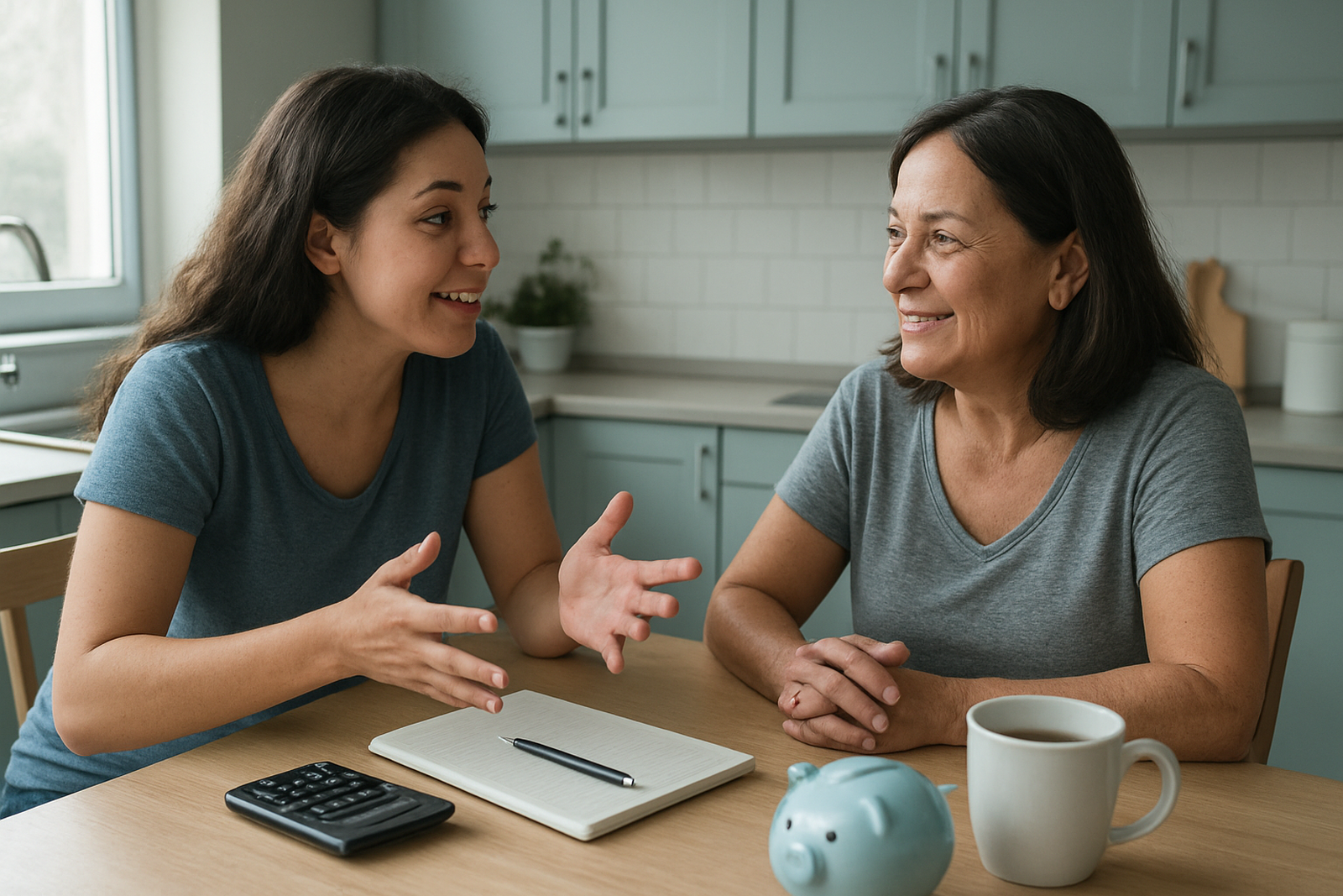 Duas mulheres conversam à mesa da cozinha com calculadora, caderno e um cofrinho azul, fazendo contas juntas pela manhã