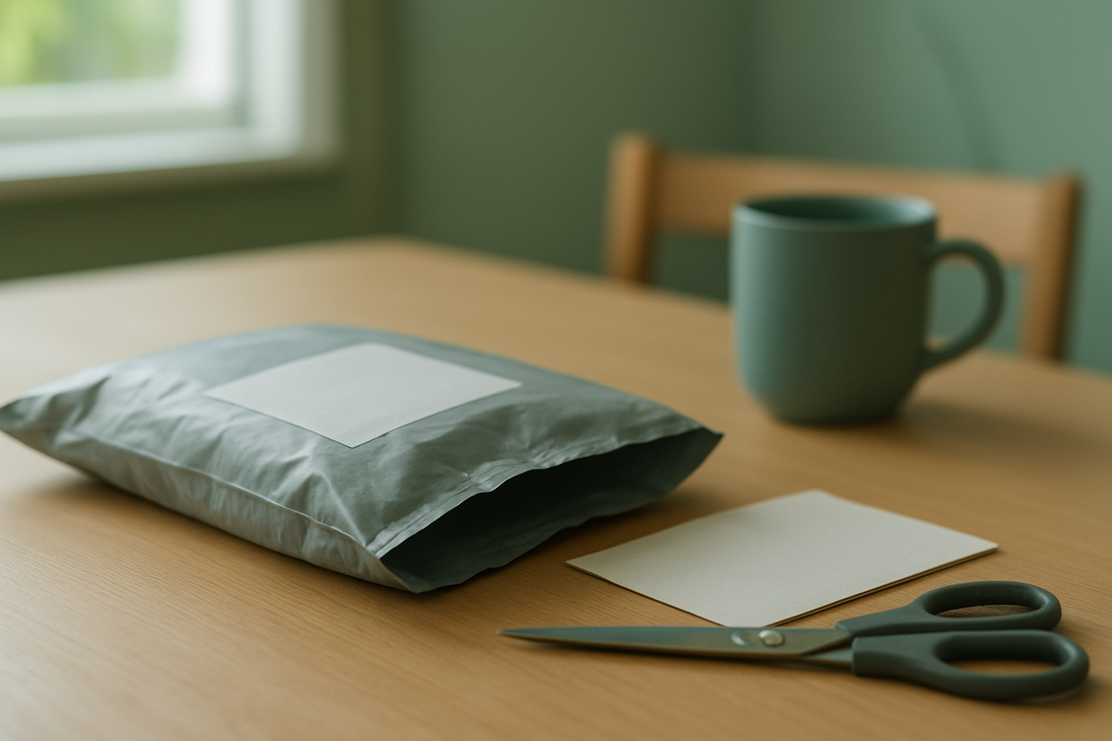 Envelope acolchoado de remessa internacional sobre uma mesa de madeira clara, parcialmente aberto, com luz natural de manhã