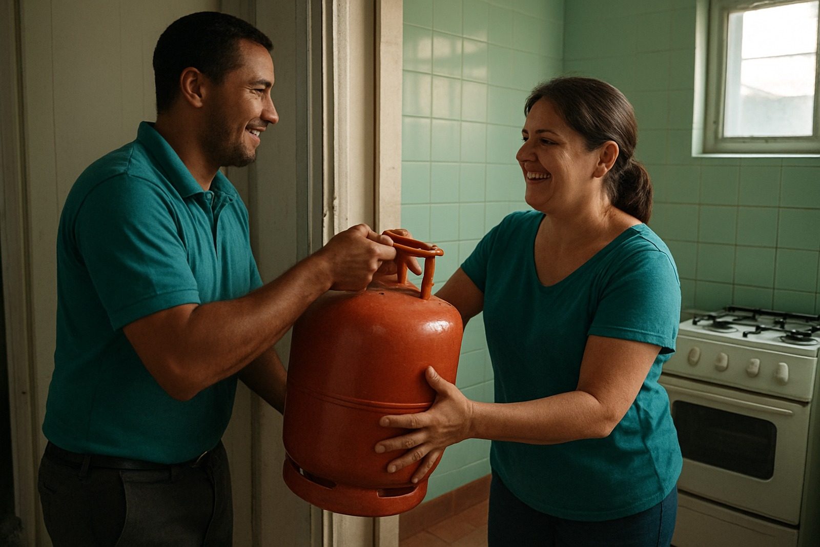 Entregador passa um botijão de gás de 13 quilos para uma moradora na porta da cozinha