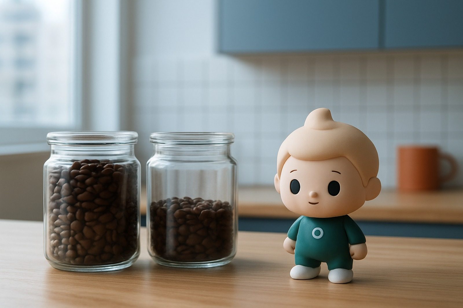 Dois potes de vidro sobre a bancada de uma cozinha, um cheio de grãos de café e outro pela metade, ao lado de um boneco do mascote do Fôlego