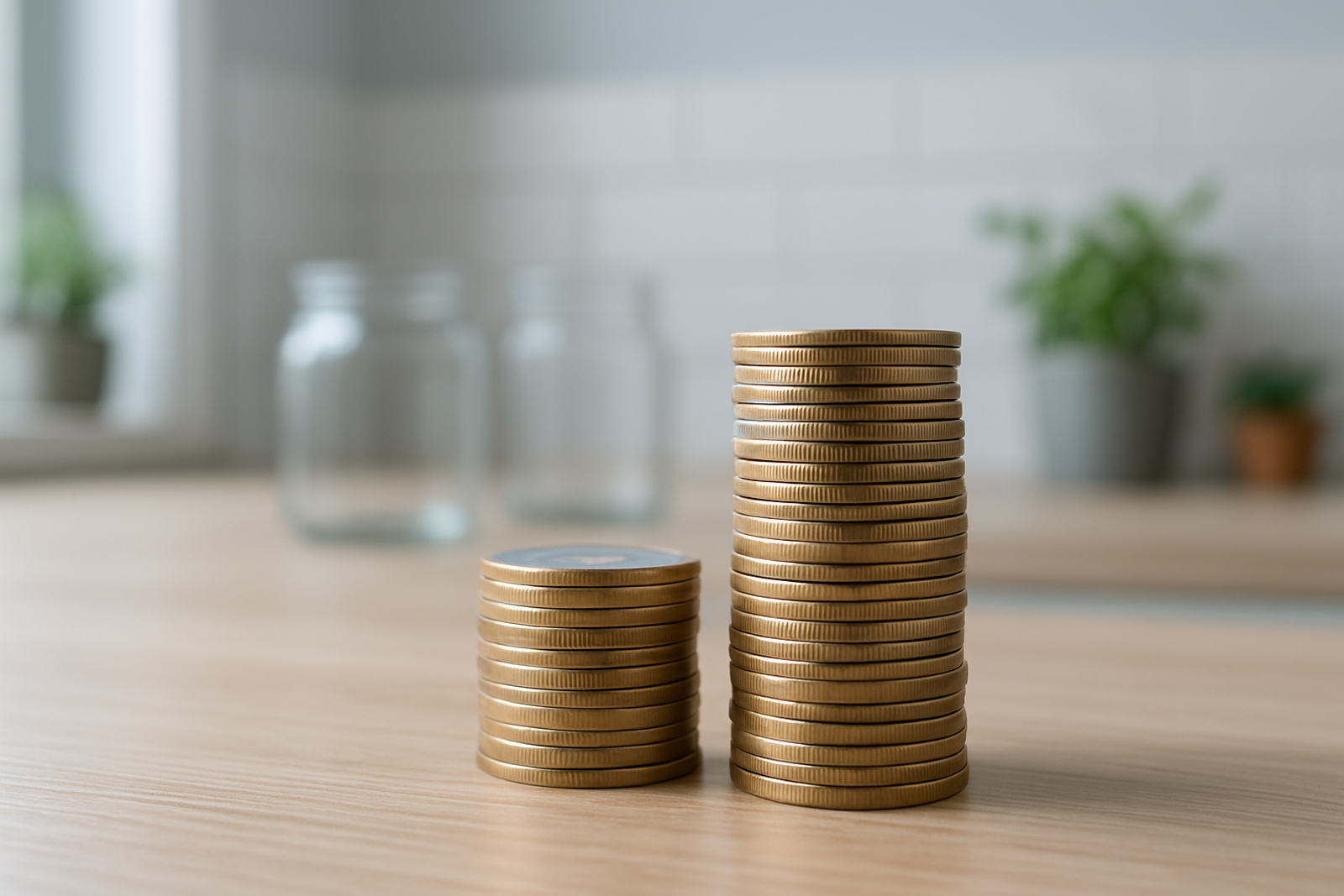 Duas pilhas de moedas de alturas diferentes sobre a mesa de uma cozinha, ilustrando a diferenca entre a primeira e a segunda parcela do 13o salario
