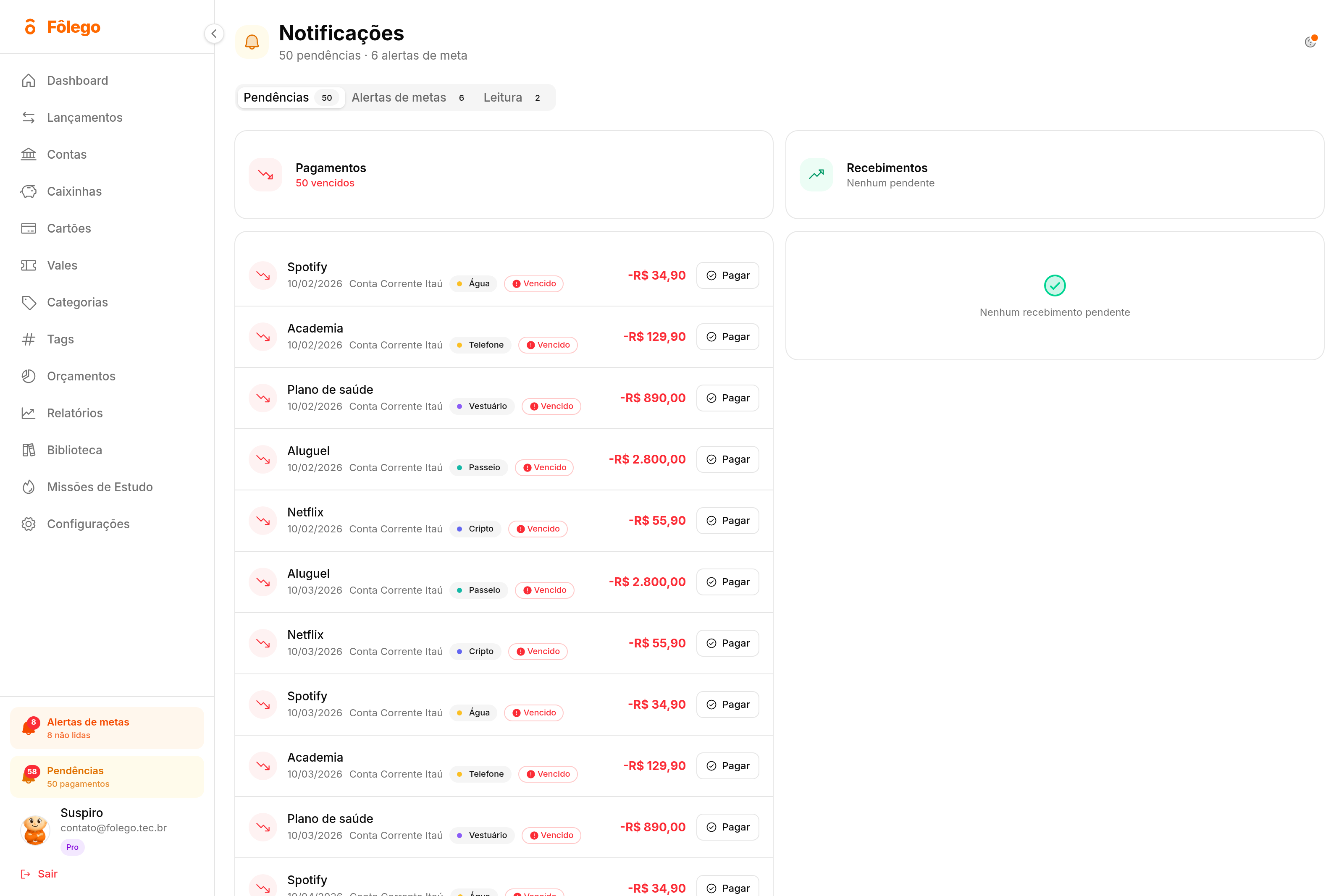 Aba Pendências das Notificações do Fôlego, com a lista de pagamentos vencidos, cada linha com data, conta, etiqueta Vencido e botão Pagar