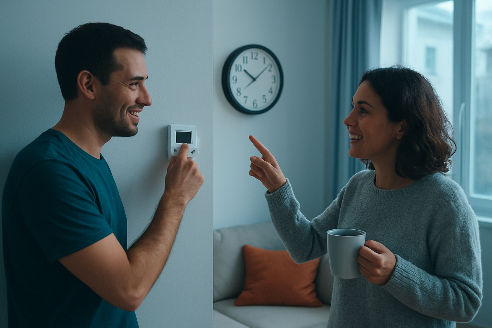 Duas pessoas conversando na sala de manhã, uma ajustando o termostato na parede e a outra apontando para o relógio, numa analogia com a diferença entre a meta da Selic e a taxa que o mercado marca.