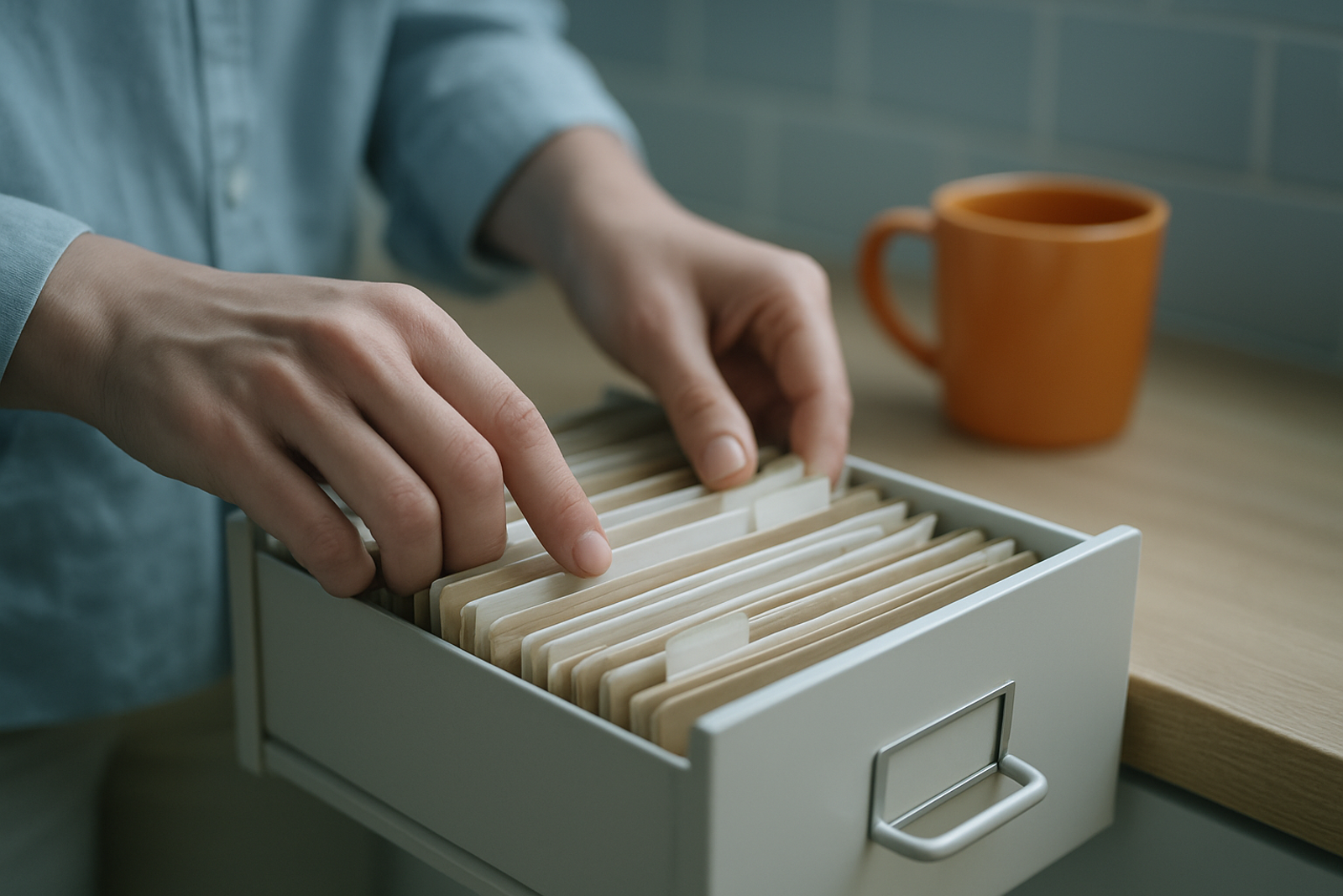 Mãos abrindo uma pequena gaveta de arquivo com pastas de papel organizadas sobre a bancada de uma cozinha