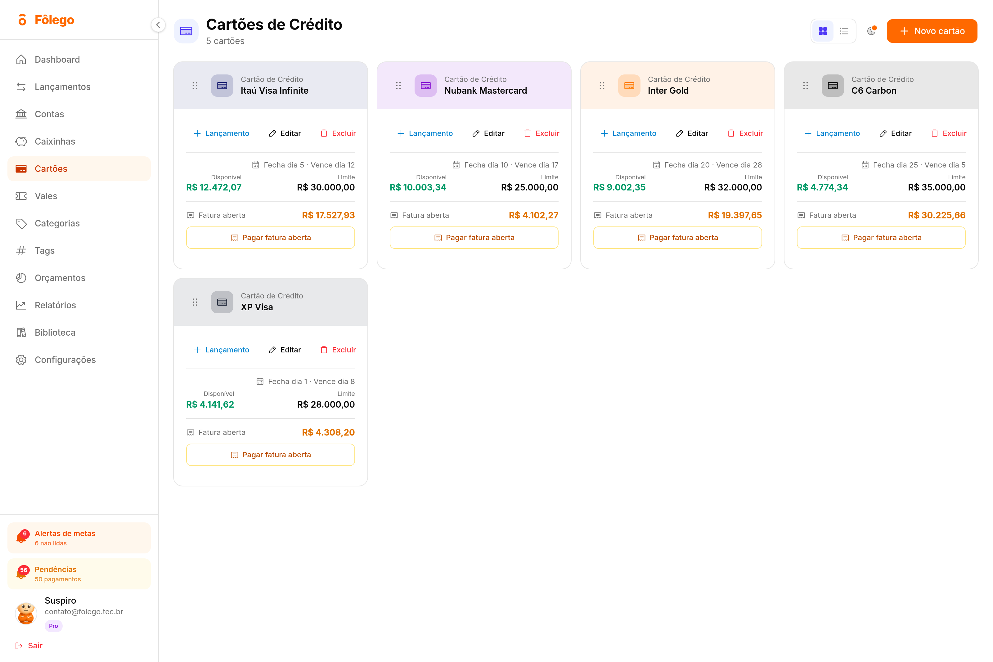 Tela de Cartões de Crédito do Fôlego mostrando cinco cartões, cada um com a linha de fechamento e vencimento, o limite, o valor disponível e a fatura aberta