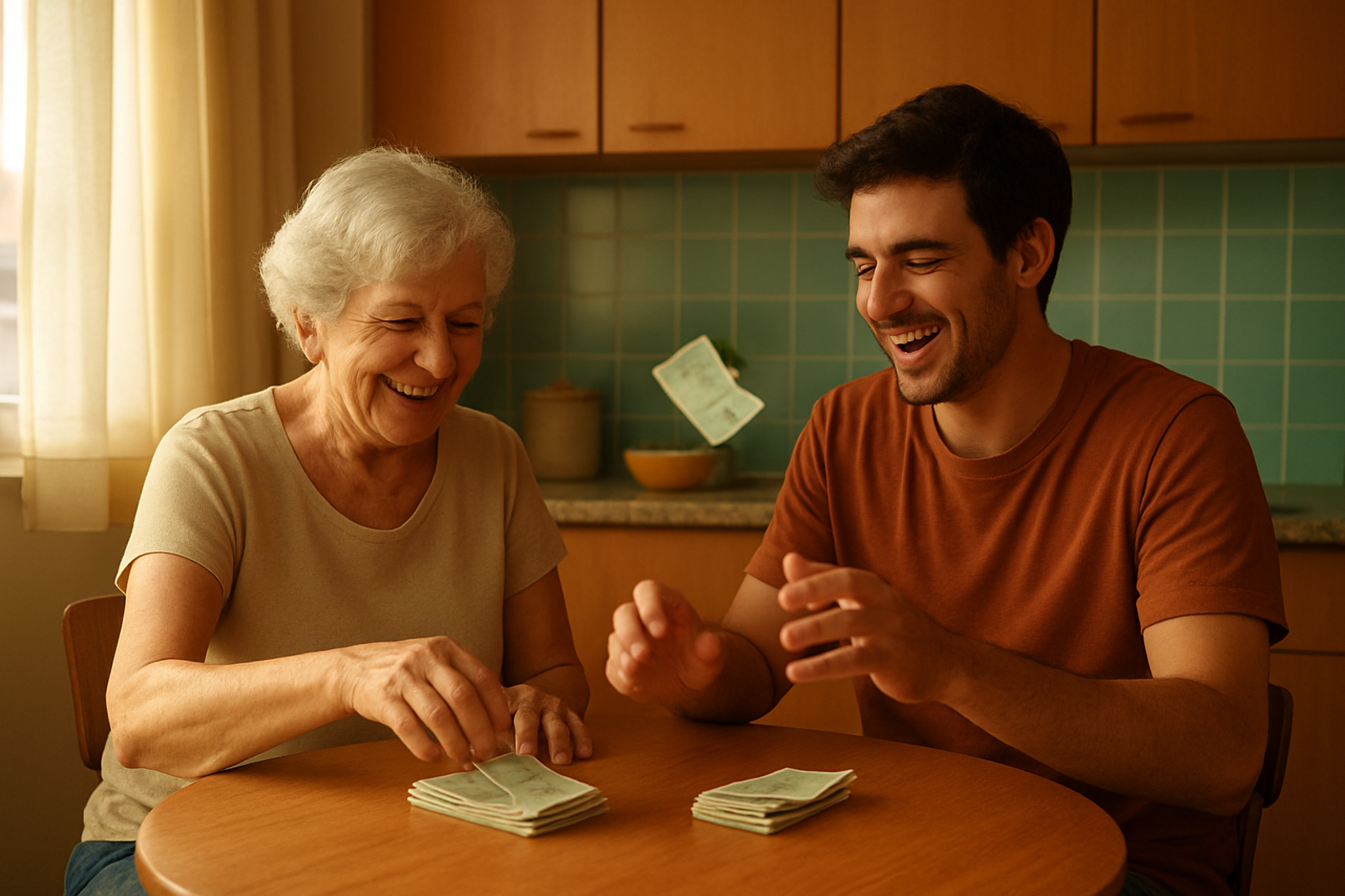 Duas pessoas sentadas a uma mesa de cozinha separando contas de papel em duas pilhas, em luz de fim de tarde