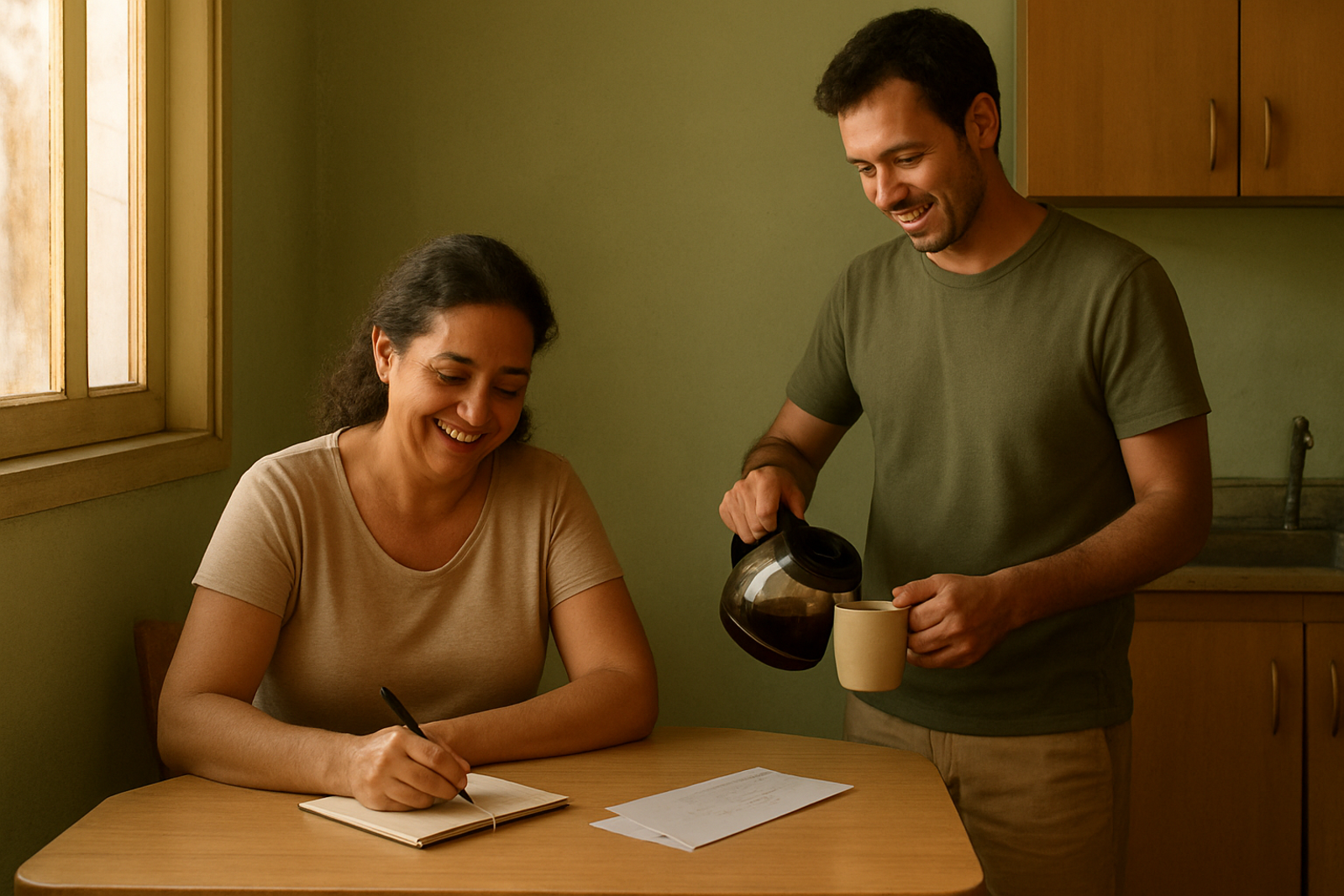 Duas pessoas numa cozinha ao fim da tarde, uma anotando um numero em um caderno pequeno e a outra servindo cafe, com um envelope de conta de luz aberto sobre a mesa
