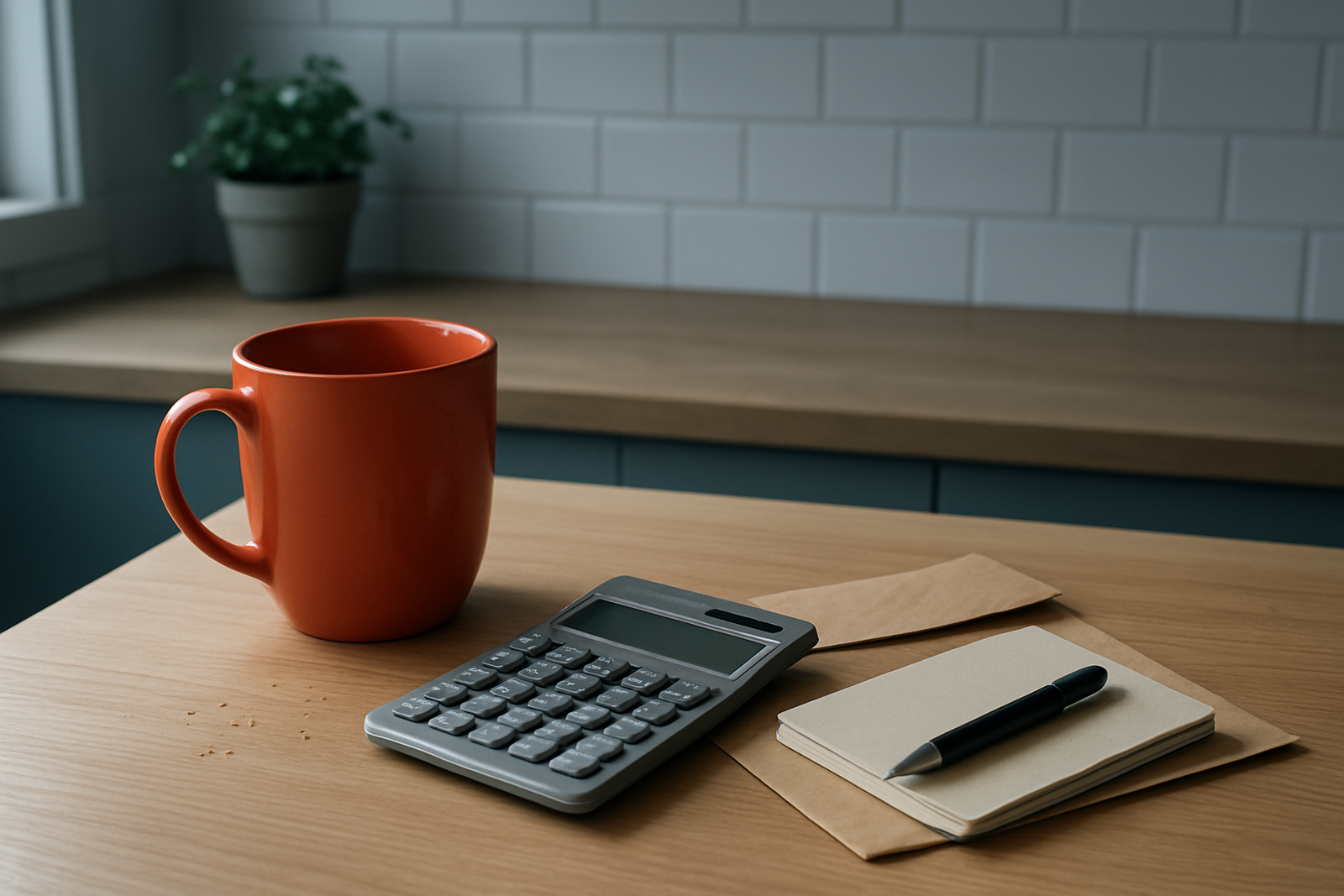 Mesa de cozinha em manhã clara, com xícara de café, calculadora simples e envelope de pagamento aberto ao lado de um caderno