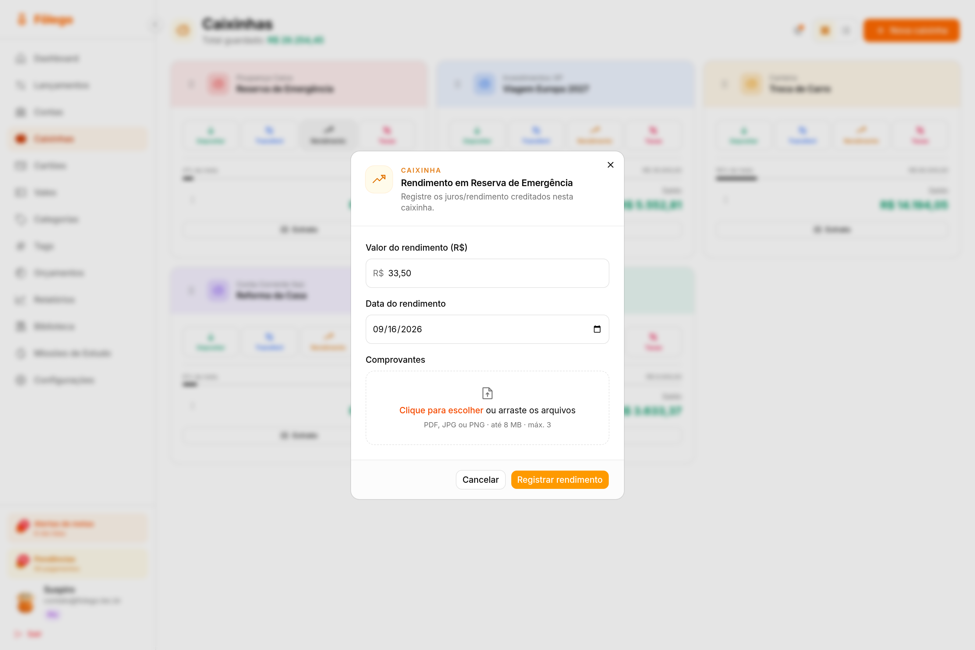 Janela de registro de rendimento da caixinha Reserva de Emergência, com os campos de valor e data