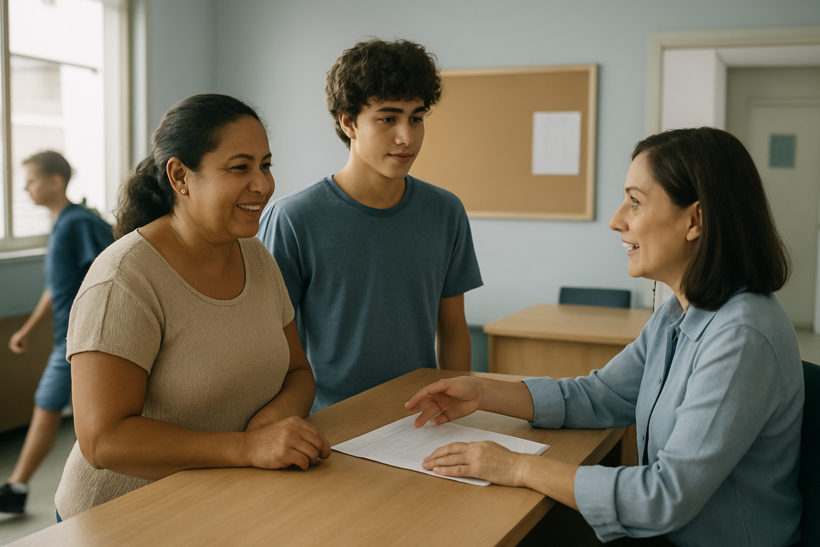 Uma mãe e o filho adolescente conversam com a secretária de uma escola no balcão da recepção, com a proposta de contrato sobre o balcão