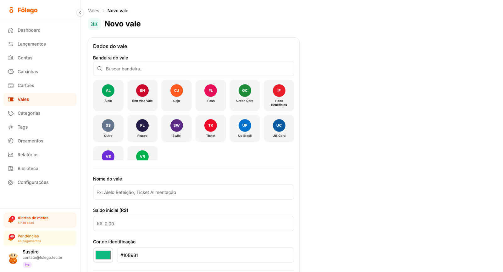 Tela Novo vale no Fôlego, com os campos bandeira do vale, nome do vale, saldo inicial e cor de identificação
