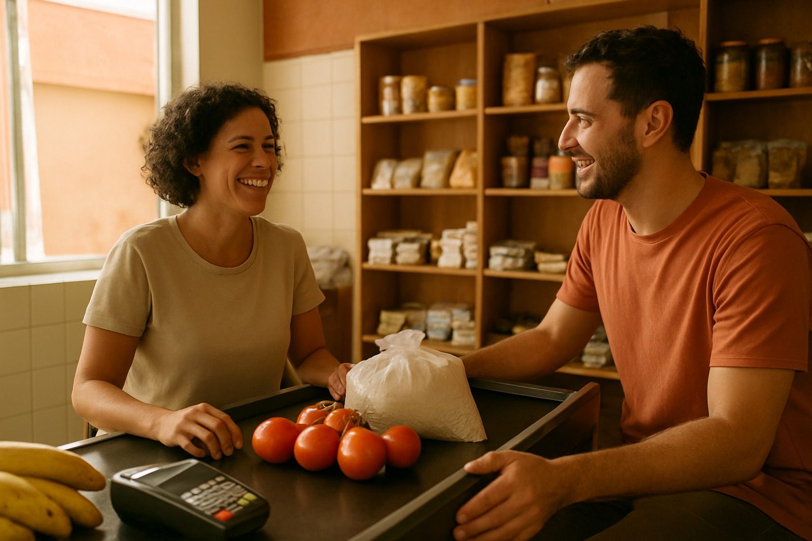 Cliente e atendente conversando no caixa de um mercadinho de bairro, com tomates e bananas sobre o balcão e uma maquininha de cartão em primeiro plano