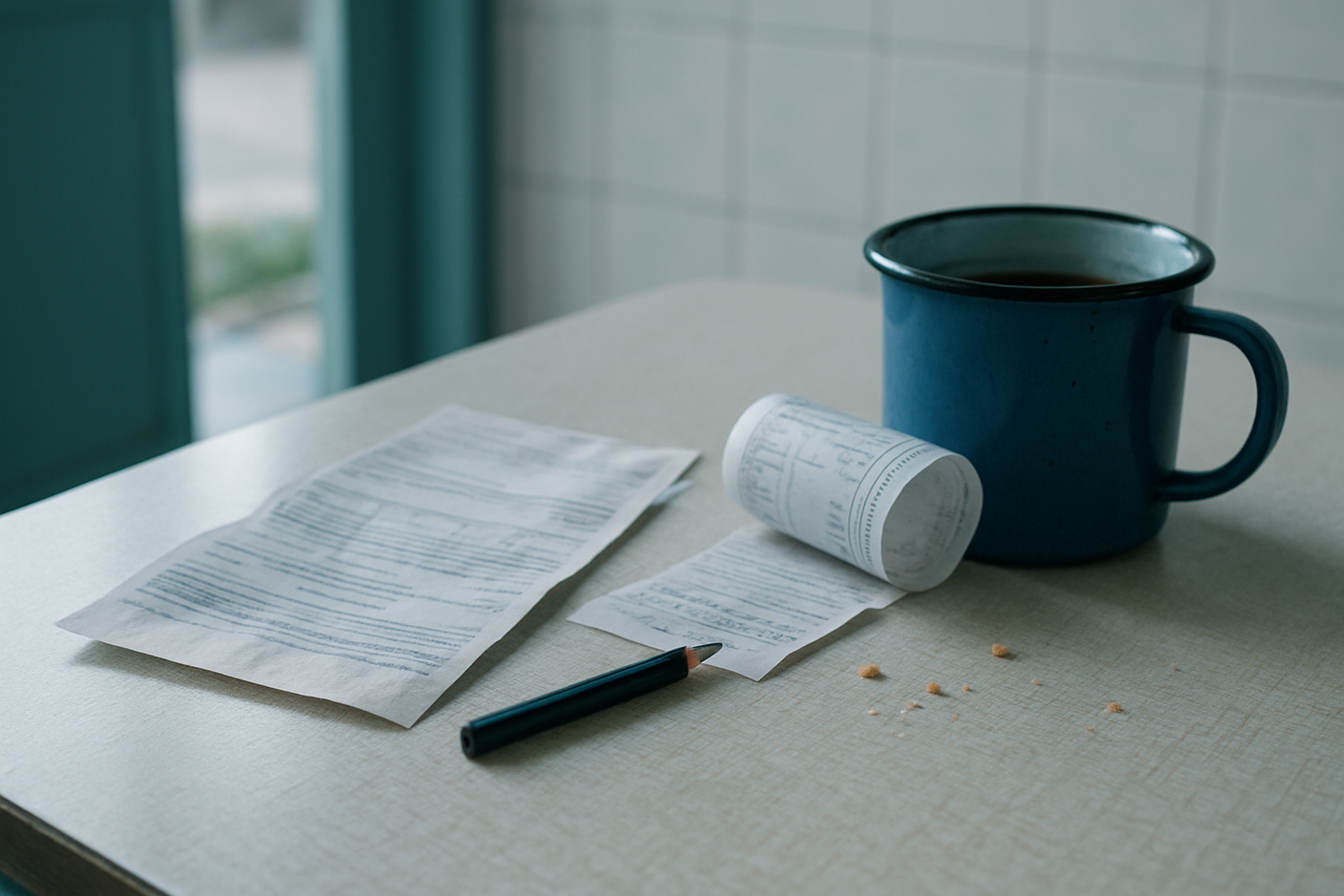 Conta de luz de papel e cupom fiscal sobre a mesa da cozinha, ao lado de um lápis e de uma caneca de café