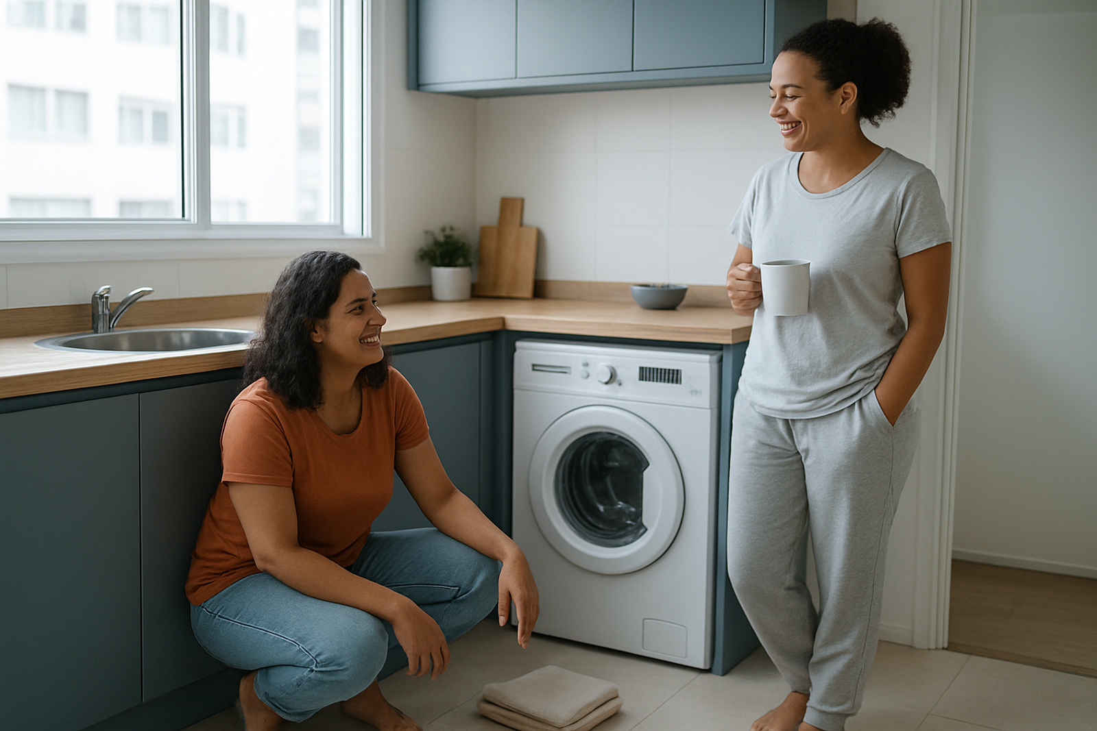 Duas pessoas conversando na cozinha ao lado de uma máquina de lavar parada numa manhã de sábado