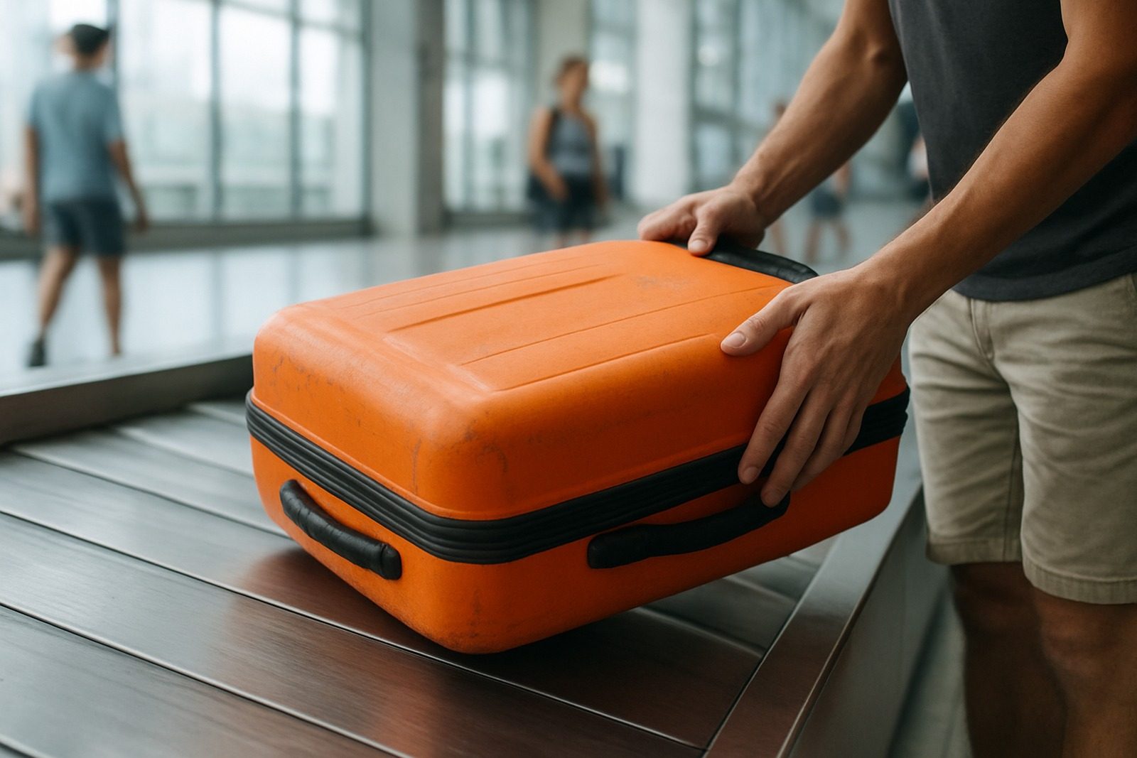 Mãos retirando uma mala laranja da esteira de bagagem de um aeroporto