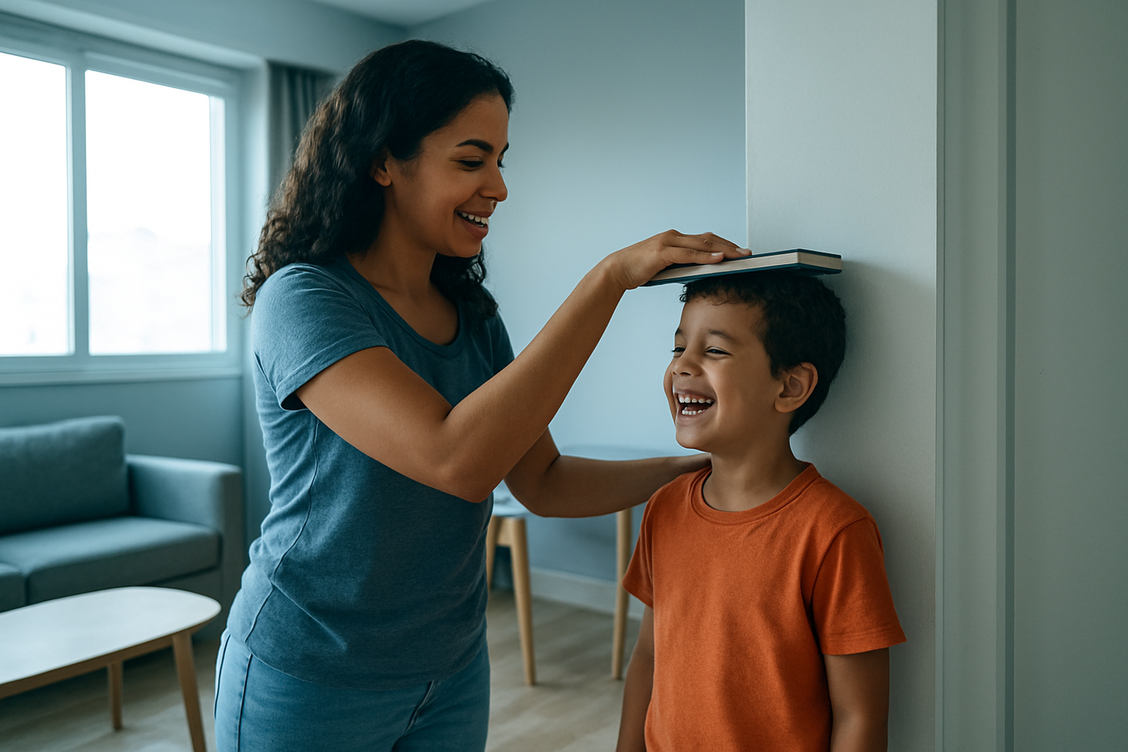 Mae apoia um livro sobre a cabeca do filho para marcar a altura no batente da porta, ao lado de marcas de lapis de anos anteriores