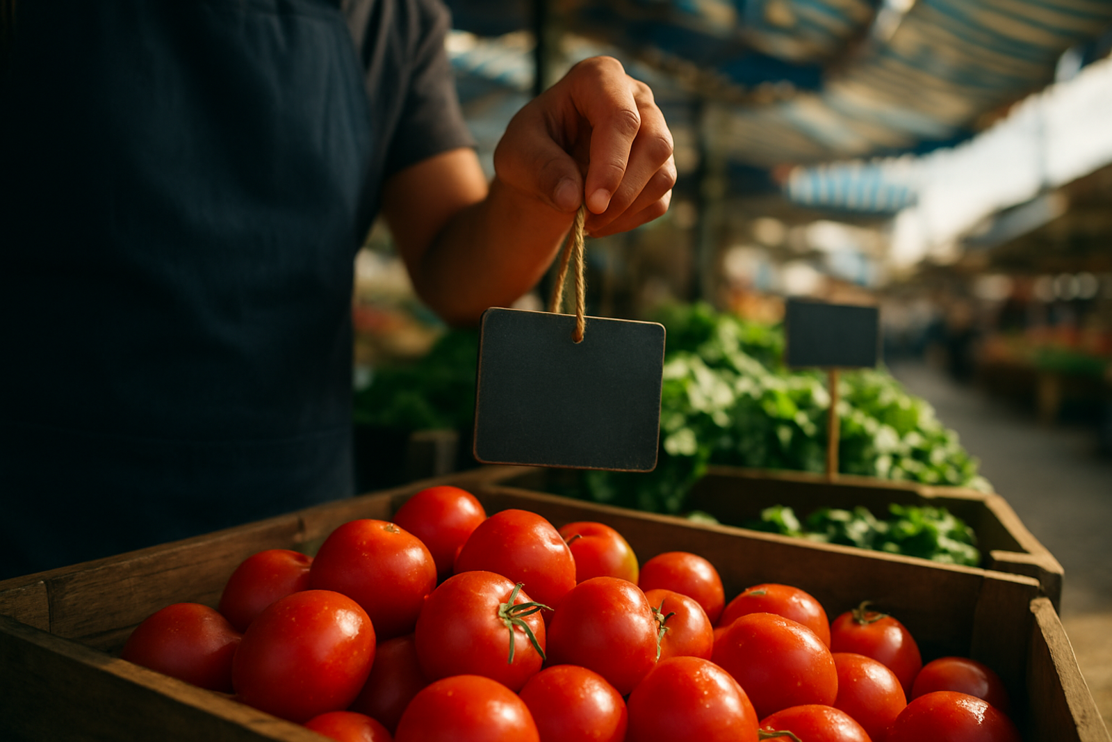 Mão de feirante trocando a plaquinha de preço em caixotes de tomate numa feira livre pela manhã