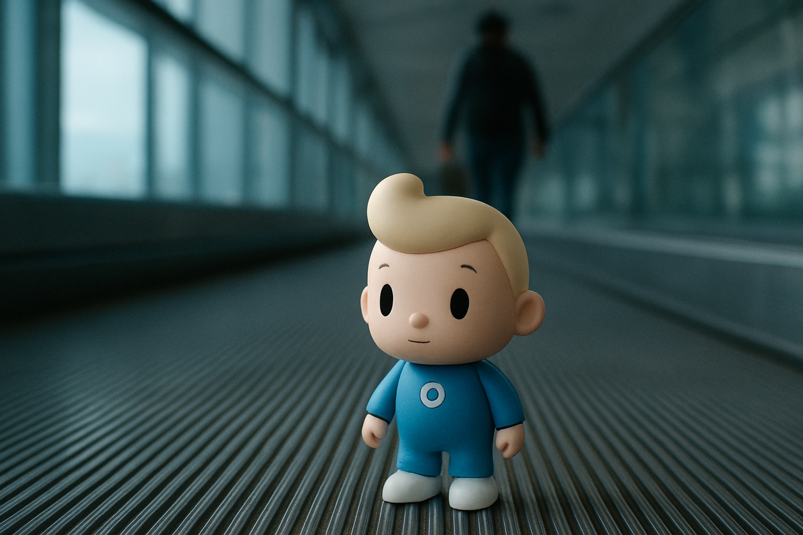 Boneco de vinil do mascote do Fôlego em pé sobre a esteira rolante de um corredor de aeroporto, com um passageiro desfocado ao fundo