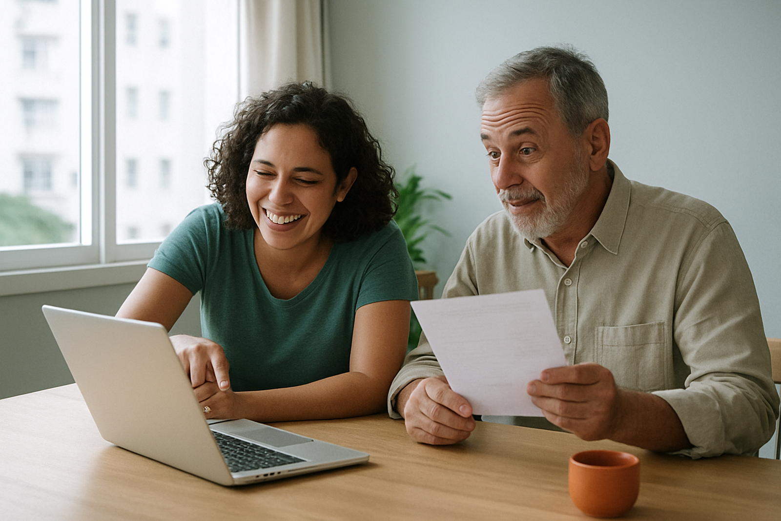 Duas pessoas sentadas à mesa comparam um informe de rendimentos em papel com a declaração aberta na tela do computador.