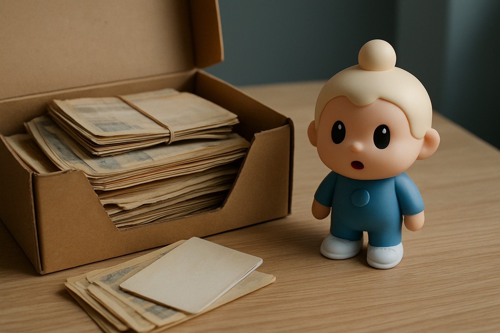 Caixa de papelão aberta sobre uma mesa de madeira, com papéis antigos de banco empilhados e um boneco do mascote do Fôlego com cara de surpresa ao lado