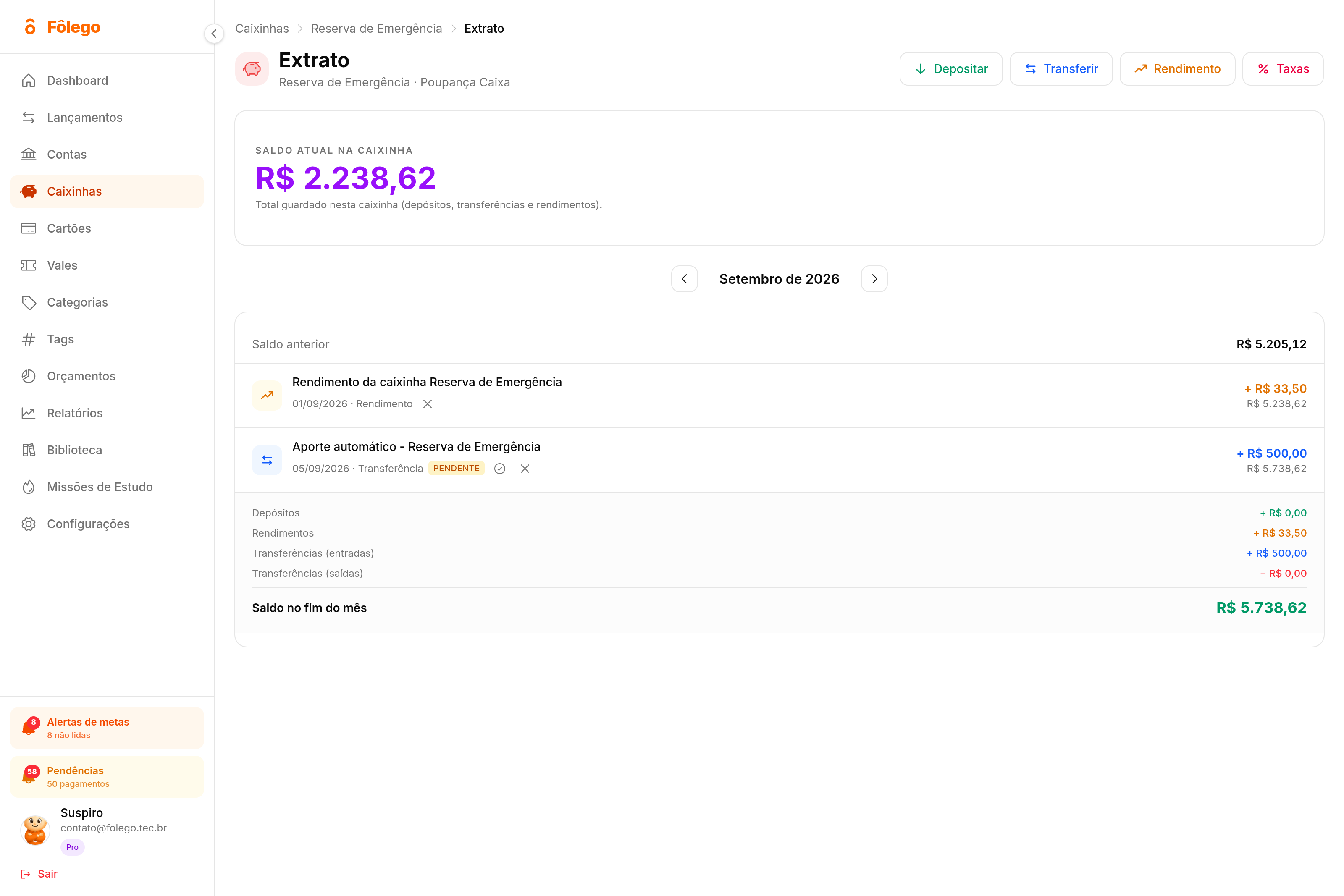 Extrato da caixinha Reserva de Emergência com a linha de rendimento de R$ 33,50 e o bloco de totais do mês