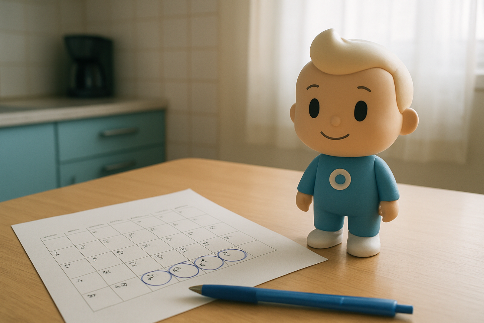 Calendario de papel sobre a mesa da cozinha com os ultimos dias do mes circulados a caneta azul, ao lado de um bonequinho do mascote do Folego, lembrando o prazo de 31 de agosto