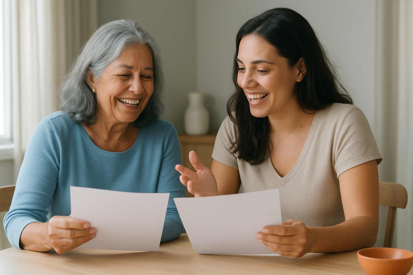 Duas mulheres sentadas lado a lado numa mesa de madeira clara, sorrindo enquanto comparam duas folhas de papel.