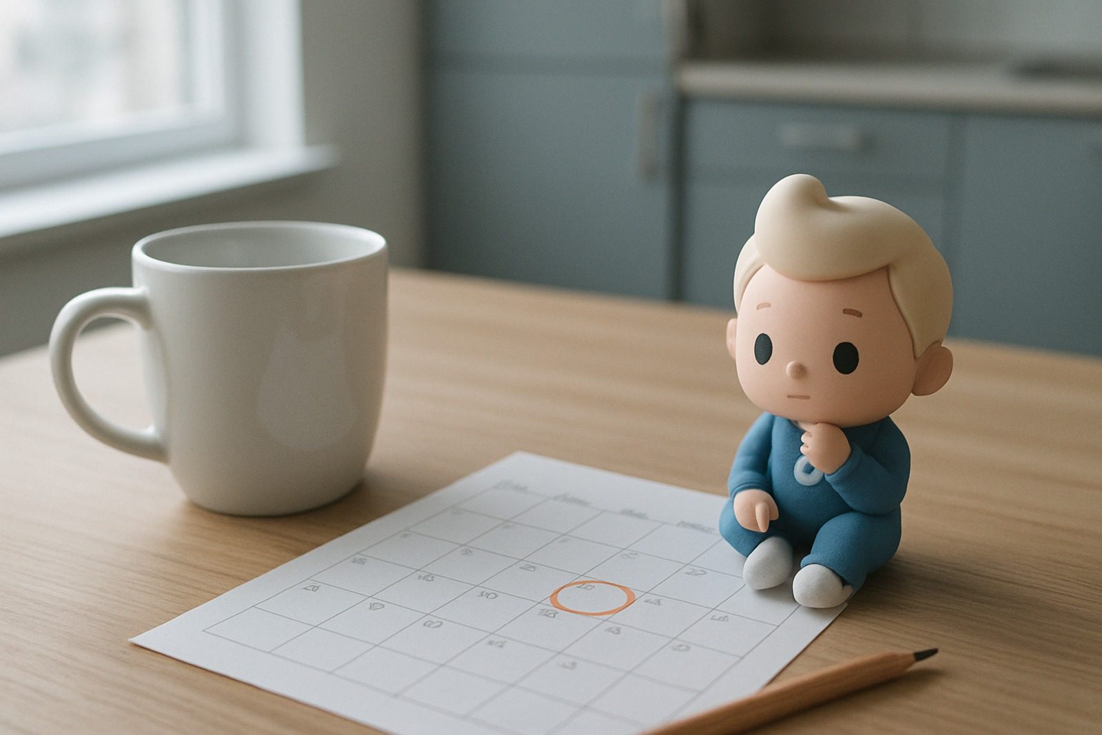 Calendario de papel sobre a mesa da cozinha com um dia circulado em laranja, ao lado de uma caneca branca e do mascote do Folego em versao boneco de vinil