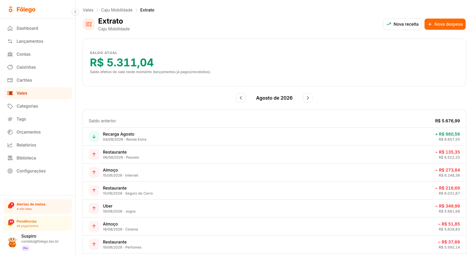 Extrato de um vale no Fôlego, mostrando saldo atual, saldo anterior, recarga do mês e cada gasto com data e saldo restante