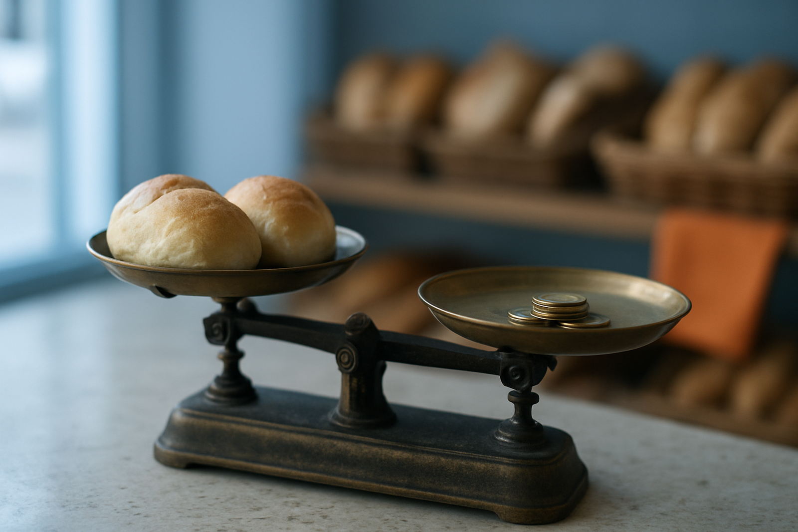 Balança antiga de dois pratos sobre o balcão de uma padaria, com pãezinhos de um lado e moedas do outro, quase em equilíbrio