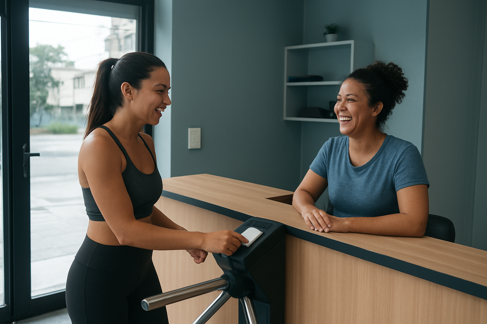 Duas mulheres conversando na recepção de uma academia de bairro enquanto uma delas passa o cartão na catraca, de manhã