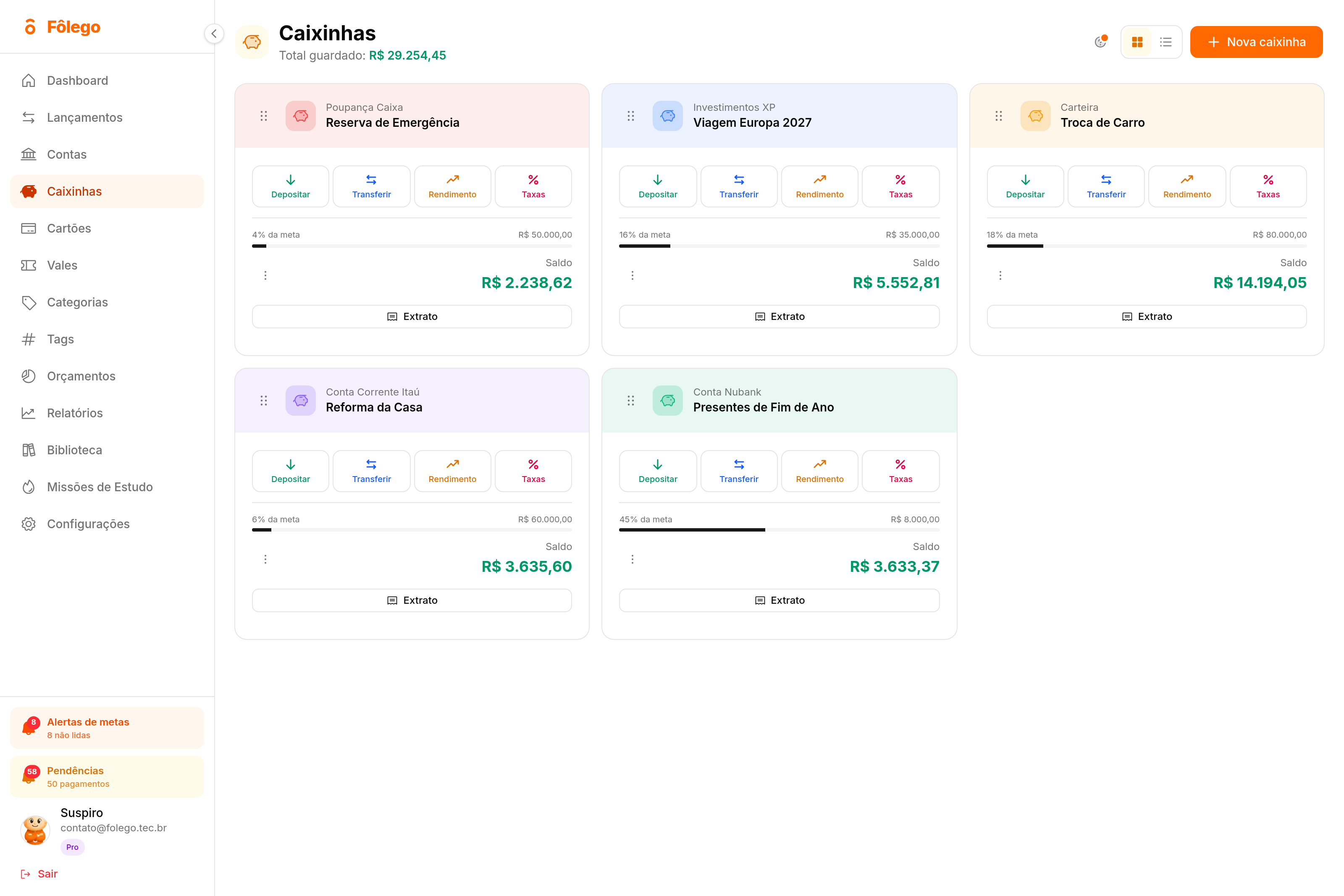 Tela de Caixinhas do Fôlego com os cartões de cada objetivo, o saldo guardado e o percentual da meta