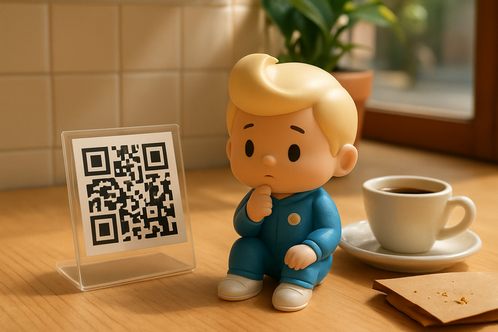 Balcão de padaria ao sol da manhã, com um suporte de acrílico segurando um código QR, uma xícara de café e o mascote do Fôlego em pose pensativa ao lado.