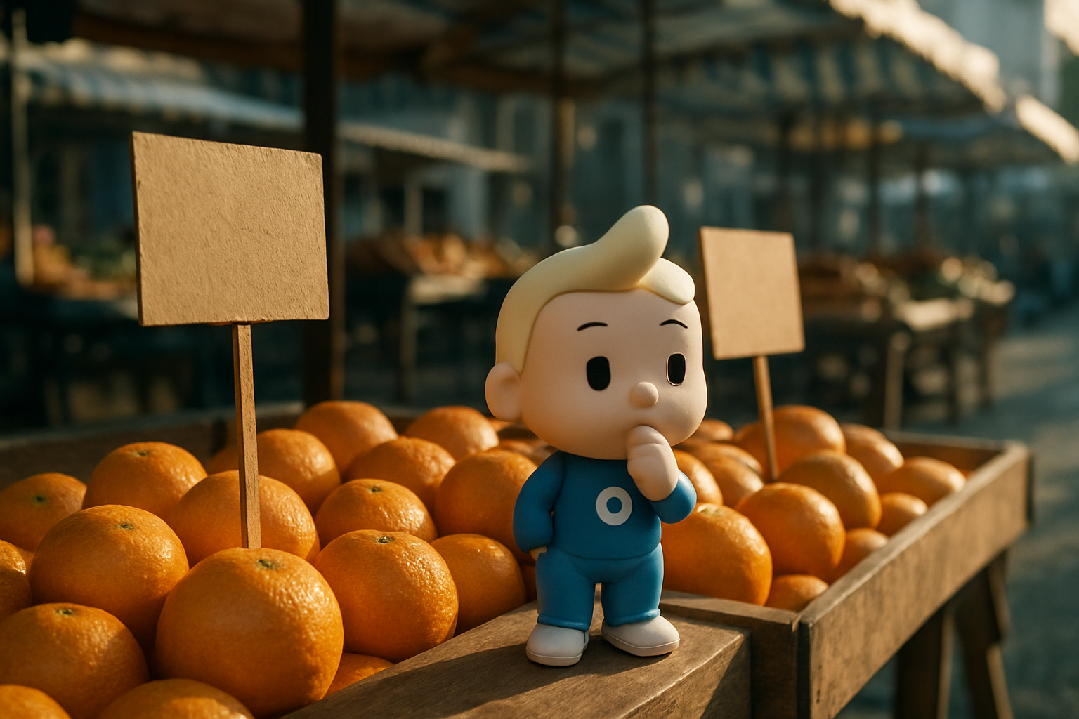 Duas etiquetas de preço em branco espetadas em caixas vizinhas da mesma fruta numa feira, sob a luz da manhã, com um bonequinho de vinil pensativo sentado na borda da caixa