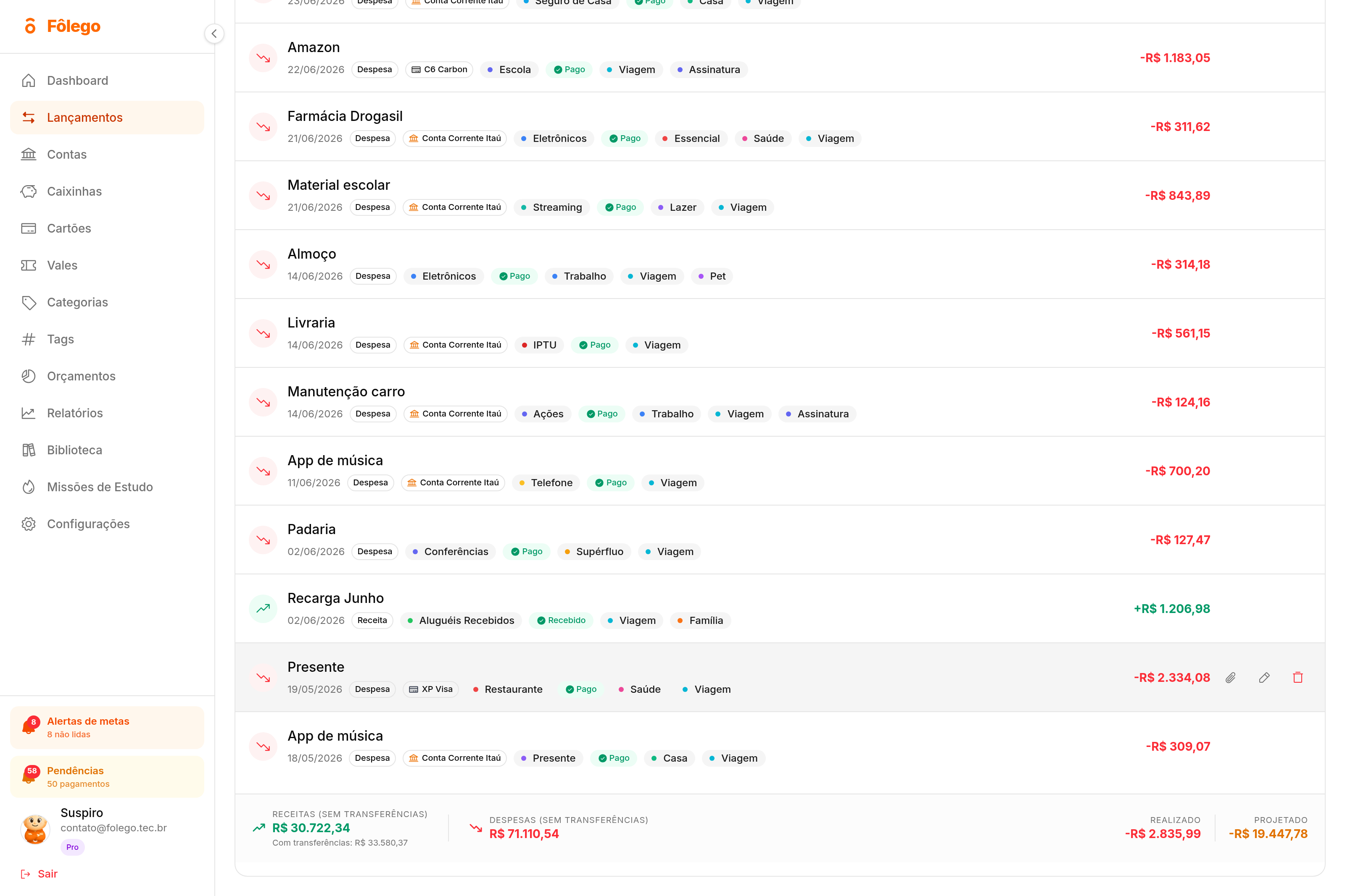 Lista de lançamentos do Fôlego filtrada por uma única tag, com o rodapé somando receitas, despesas, realizado e projetado do recorte
