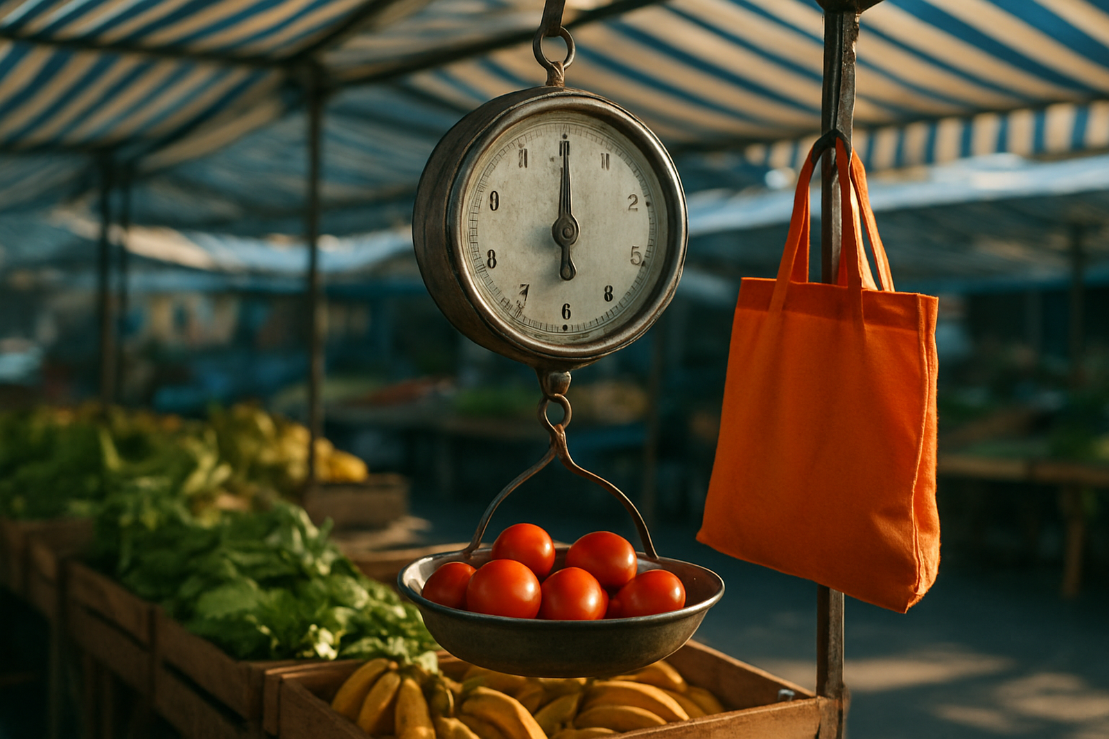 Balança antiga de feira com tomates, ao lado de uma sacola de tecido laranja pendurada na banca, em luz de manhã.