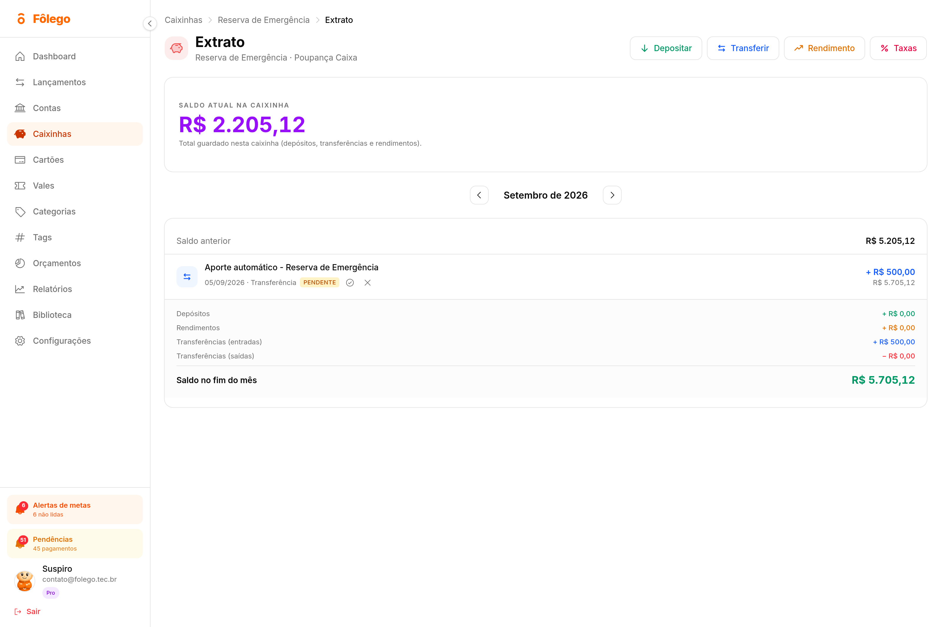 Extrato de uma caixinha do Fôlego com um aporte de R$ 500,00 marcado como pendente e o resumo do mês